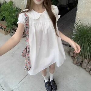 Zara First Love Peter Pan Collar Summer Loose Puff Sleeve Solid Dress